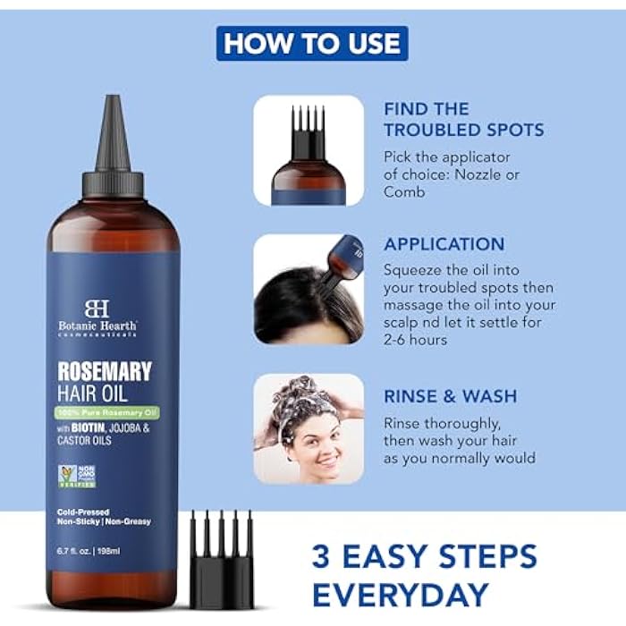 Botanic Hearth Hair Oil for Hair Growth | Rosemary Oil for Hair Growth with Biotin, Castor & Jojoba | Scalp Oil & Dry Scalp Treatment | Color Safe | All Hair Types | 6.7 Fl Oz - Image 3